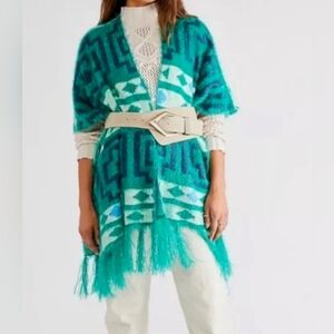 Free People Boho Kimono Poncho Diamondback Design Emerald Blue OS 36.5"W 32"LNew